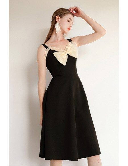 French Chic Black Knee Length Party Dress With Big Bow Straps