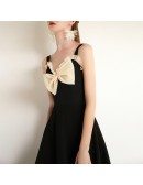 French Chic Black Knee Length Party Dress With Big Bow Straps