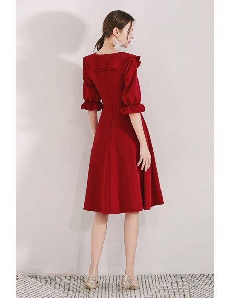 Burgundy Red Aline Knee Length Party Dress With Flounce Neckline