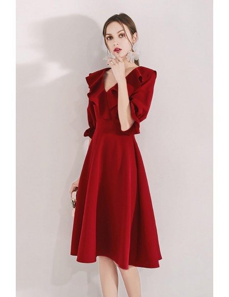 Burgundy Red Aline Knee Length Party Dress With Flounce Neckline