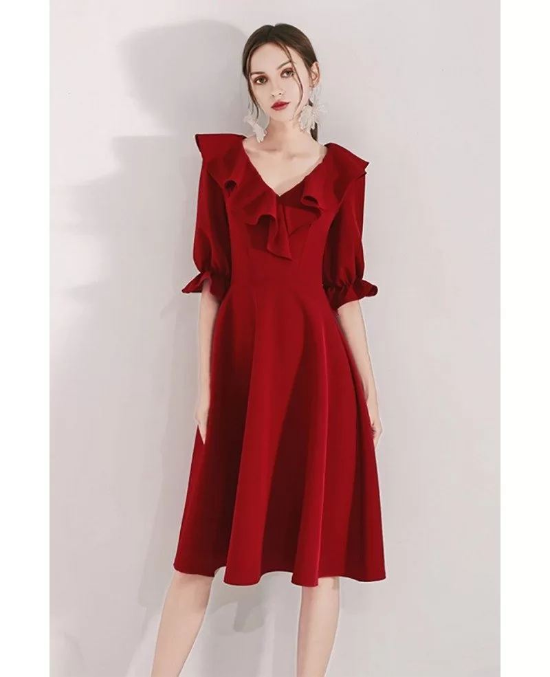 Burgundy Red Aline Knee Length Party Dress With Flounce Neckline # ...