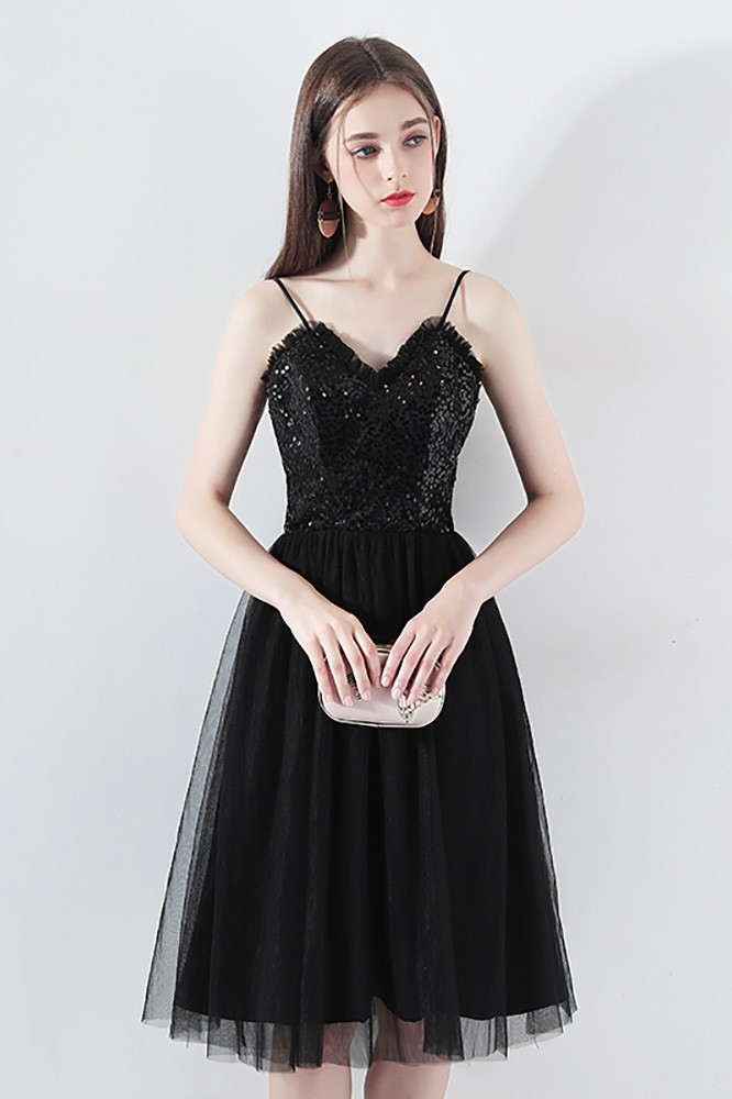 Chic A line Spaghetti Straps Black Tulle Holiday Dresses Feather Women's Dress main image 0