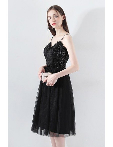 Black Sequins Tulle Aline Party Dress With Spaghetti Straps