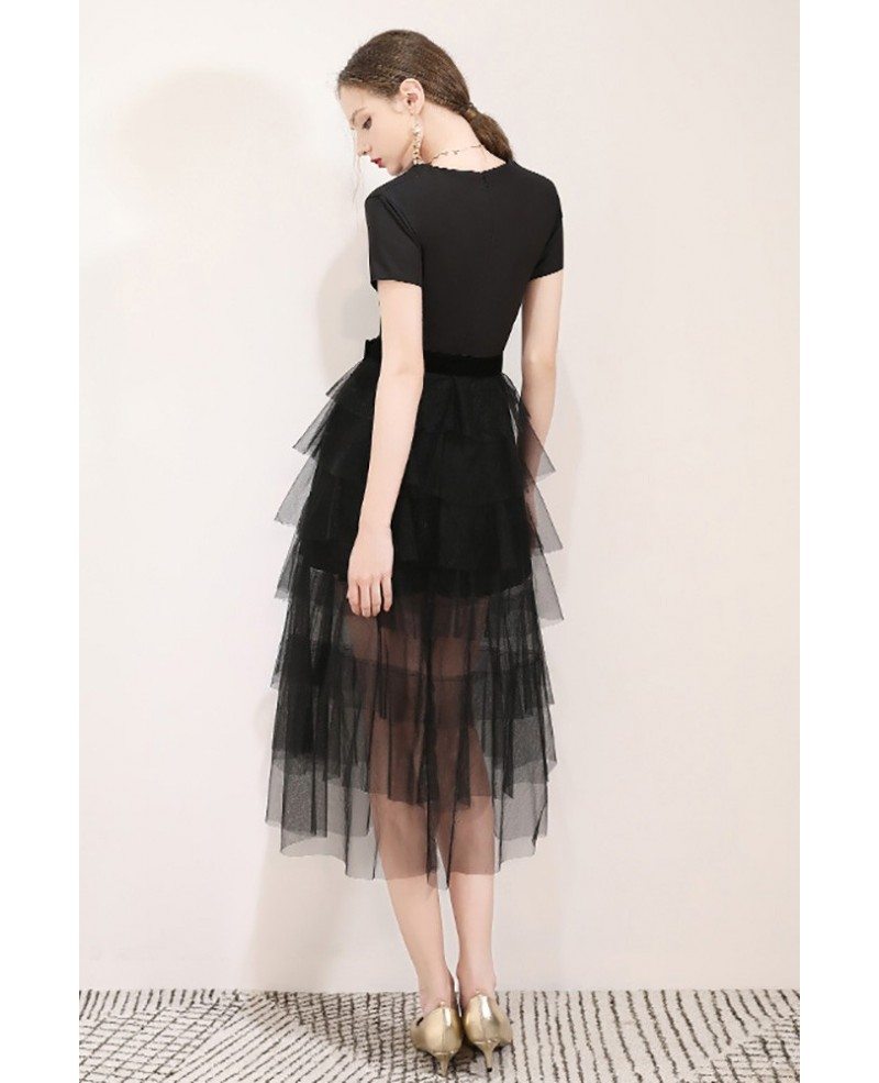Chic Black Tea Length Tulle Party Dress With Vneck #HTX97036 - GemGrace.com