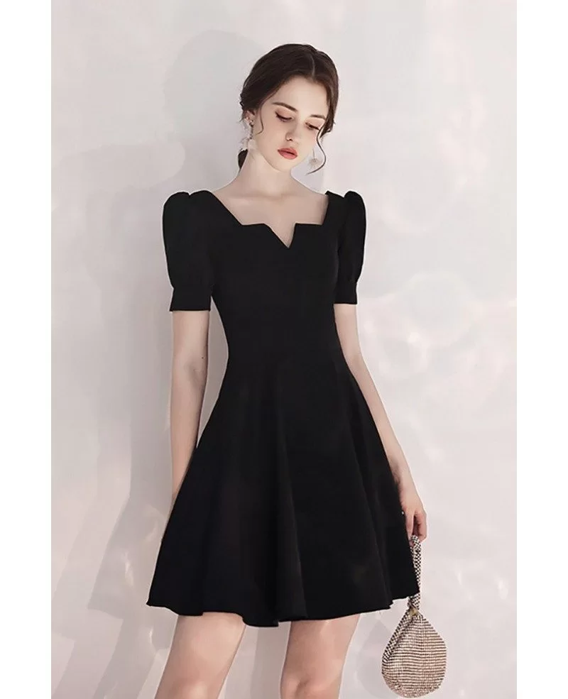 Retro French Style Black Party Dress Short With Sleeves #HTX97083 ...