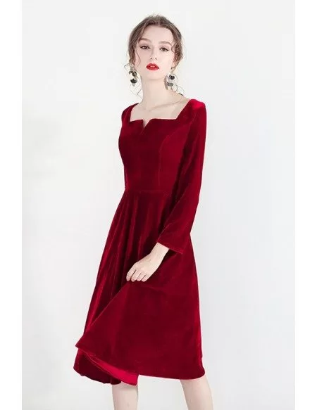 Vintage Burgundy Velvet Short Party Dress With Long Sleeves