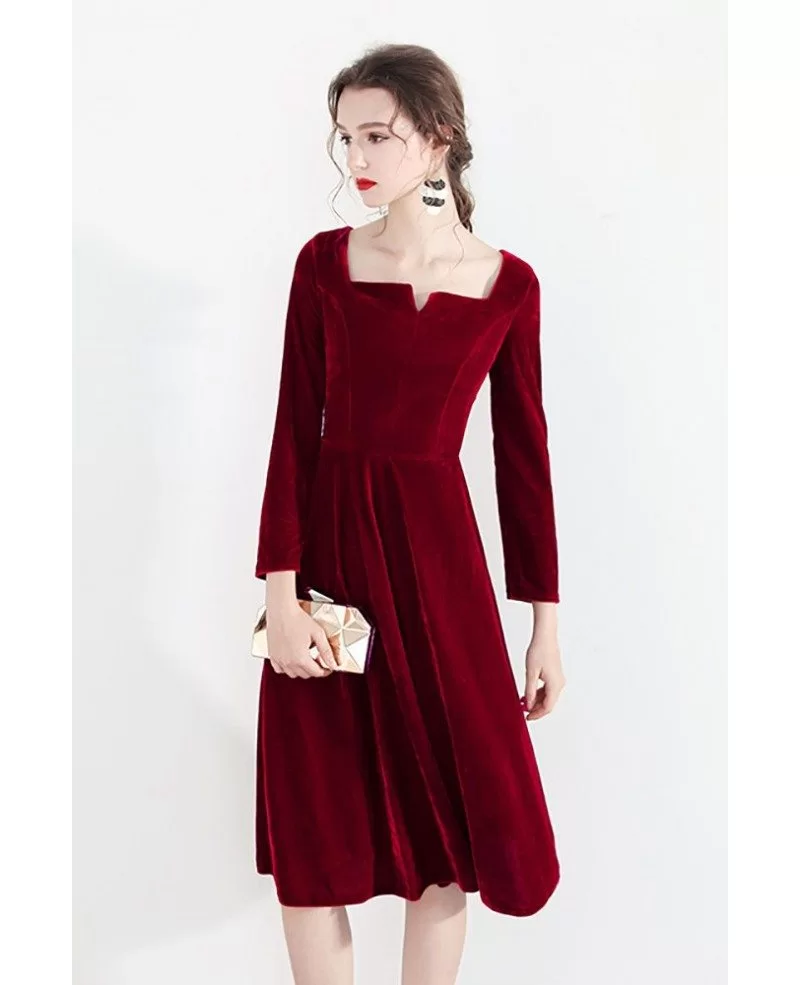 Vintage Burgundy Velvet Short Party Dress With Long Sleeves #HTX97026 ...