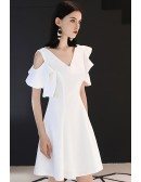 White Vneck Aline Party Dress With Cold Shoulder
