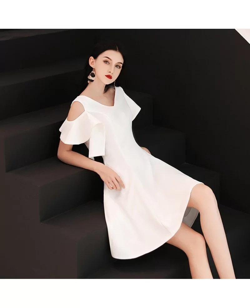 White Vneck Aline Party Dress With Cold Shoulder #HTX97006 - GemGrace.com