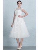Vintage A-Line Scoop Neck Tea-Length Tulle Wedding Dress With Appliques Lace