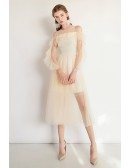 Fairy Short Tulle Champagne Party Dress With Sleeves