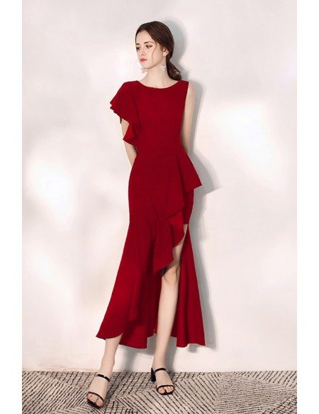 Side Slit Mermaid Red Party Dress With One Sleeve