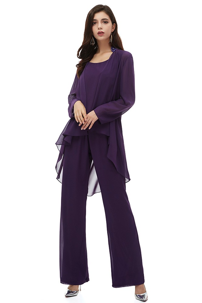 Comfy Purple Chiffon Long Trousers Wedding Guest Outfit With