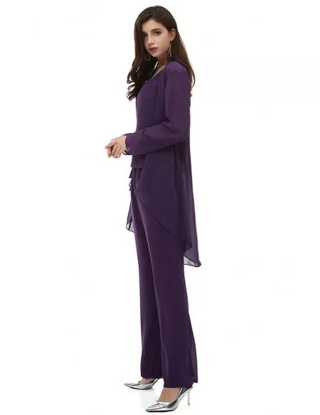 Comfy Purple Chiffon Long Trousers Wedding Guest Outfit With Blouse