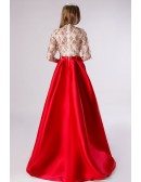 Red Satin A Line Sleeved Formal Dress With Modest Sparkly Top