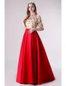 Red Satin A Line Sleeved Formal Dress With Modest Sparkly Top