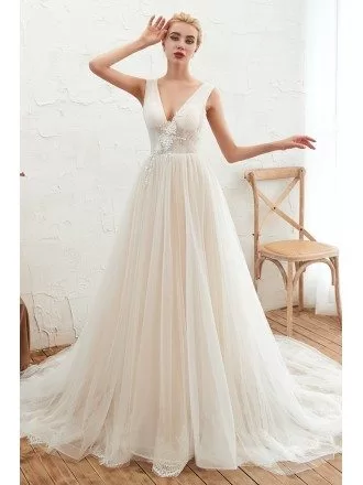Elegant Backless V Neck Tulle Ballgown Wedding Dress For 2020