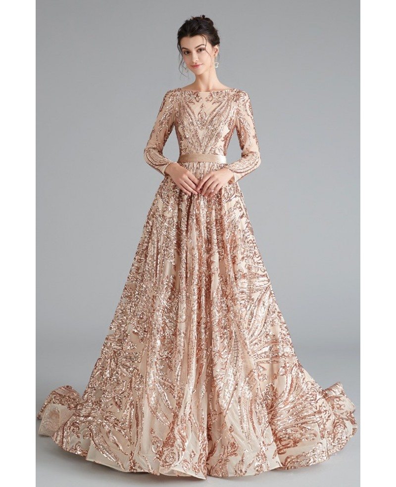 Sparkly Gold Sequin Lace Ball Gown Prom Dress With Long Sleeves #EZG001