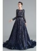 Sparkly Gold Sequin Lace Ball Gown Prom Dress With Long Sleeves