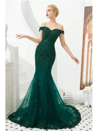 Mermaid Green Lace Beading Prom Formal Dress With Off Shoulder Strap