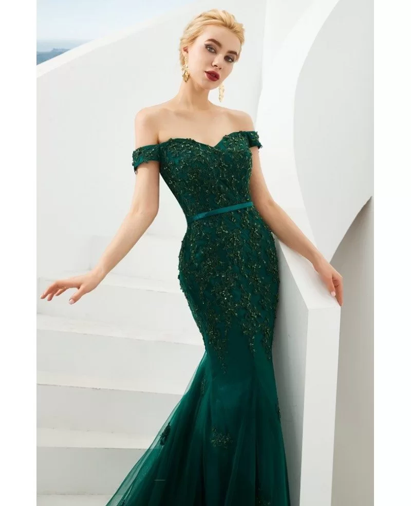 Mermaid Green Lace Beading Prom Formal Dress With Off Shoulder Strap # ...