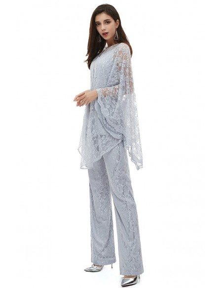 Classy Grey Lace Wedding Guest Formal Dress Outfit Trousers With Lace Cape