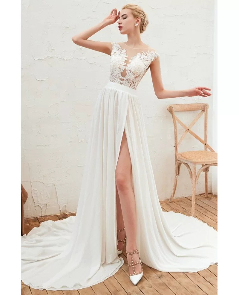 2020 Flowy Chiffon Long Beach Wedding Dress With Slit Front EZ23347 GemGrace