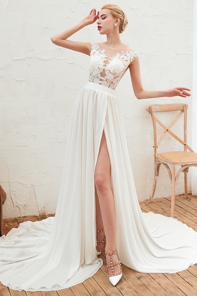 summer short flowy dress FLOWY CHIFFON BRIDAL GOWN WITH DEEP V NECKLINE AND BEADED ILLUSION BOD –  Dave & Johnny
