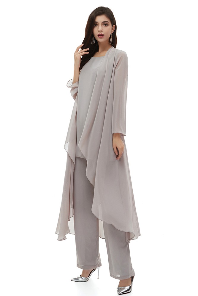 Elegant Grey Chiffon Wedding Guest Dress Outfit Trousers With Jacket EZ13XP GemGrace