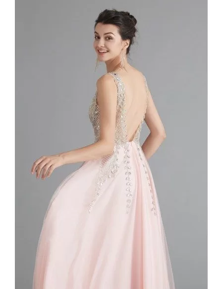 Beautiful Pink Beaded Formal Long Prom Dress With Double V Neck
