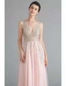 Beautiful Pink Beaded Formal Long Prom Dress With Double V Neck
