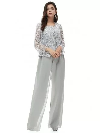 Elegant Grey Lace Formal Wedding Guest Outfit Trousers With Lace Jacket