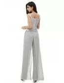 Elegant Grey Lace Formal Wedding Guest Outfit Trousers With Lace Jacket