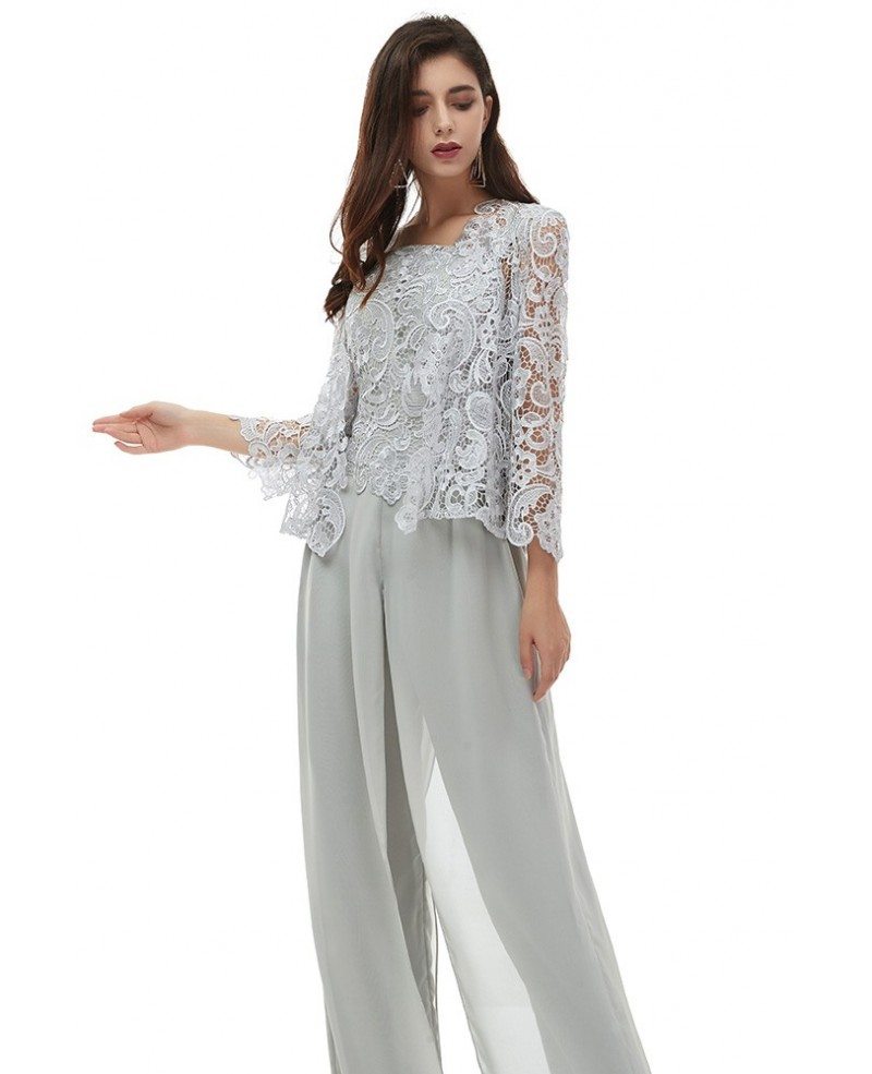 Elegant Grey Lace Formal Wedding Guest Outfit Trousers With Lace Jacket ...