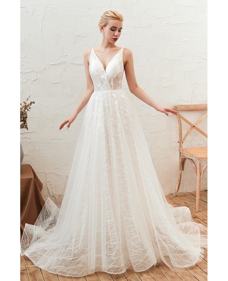 Sleeveless Simple Lace Tulle Summer Wedding Dress With With Straps Low