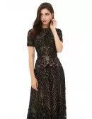 Modest Formal Long Black Sparkly Sequins Prom Dress With Short Sleeves