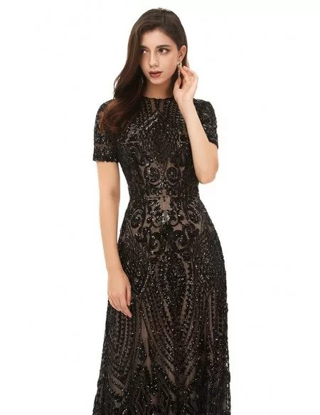 Modest Formal Long Black Sparkly Sequins Prom Dress With Short Sleeves