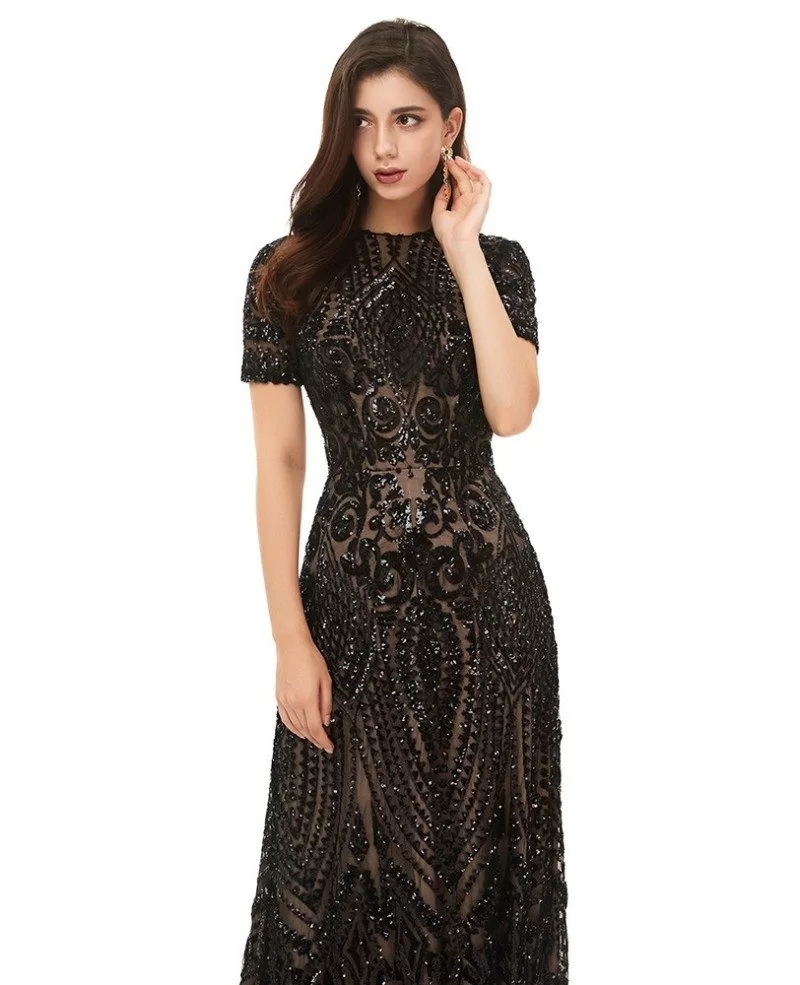 Modest Formal Long Black Sparkly Sequins Prom Dress With Short Sleeves ...