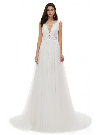 Flowy Long Tulle Ivory Wedding Dress Gorgeous Vneck With Train