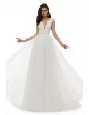 Flowy Long Tulle Ivory Wedding Dress Gorgeous Vneck With Train