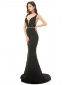 Simple Fitted Mermaid Long Black Evening Prom Dress With Deep Vneck