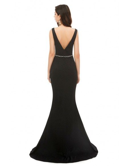 Simple Fitted Mermaid Long Black Evening Prom Dress With Deep Vneck # ...