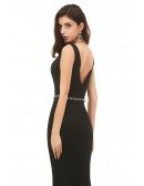 Simple Fitted Mermaid Long Black Evening Prom Dress With Deep Vneck
