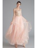 Sleeveless Long Pink Tulle Prom Dress With Lace Top