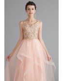 Sleeveless Long Pink Tulle Prom Dress With Lace Top