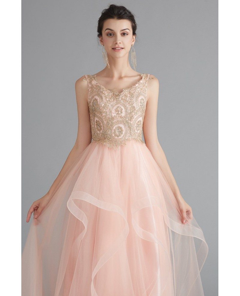 Sleeveless Long Pink Tulle Prom Dress With Lace Top #EZG005 - GemGrace.com