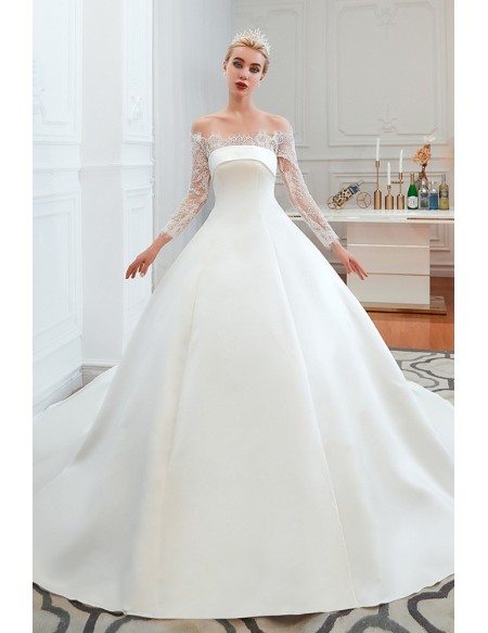 Big Ballroom Simple Satin Wedding Gown With Off Shoulder Lace Sleeves