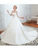 Big Ballroom Simple Satin Wedding Gown With Off Shoulder Lace Sleeves