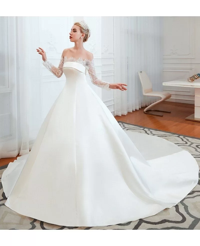 Big Ballroom Simple Satin Wedding Gown With Off Shoulder Lace Sleeves #