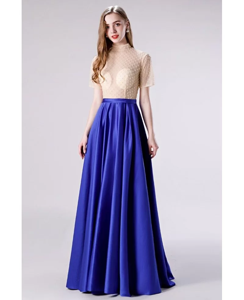 Modest High Neck Royal Blue Formal Dress With Short Sleeves #EZ4007